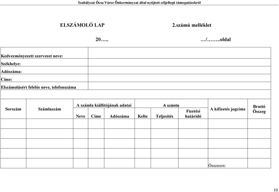Elszámolásért felelős neve, telefonszáma Sorszám Számlaszám A számla