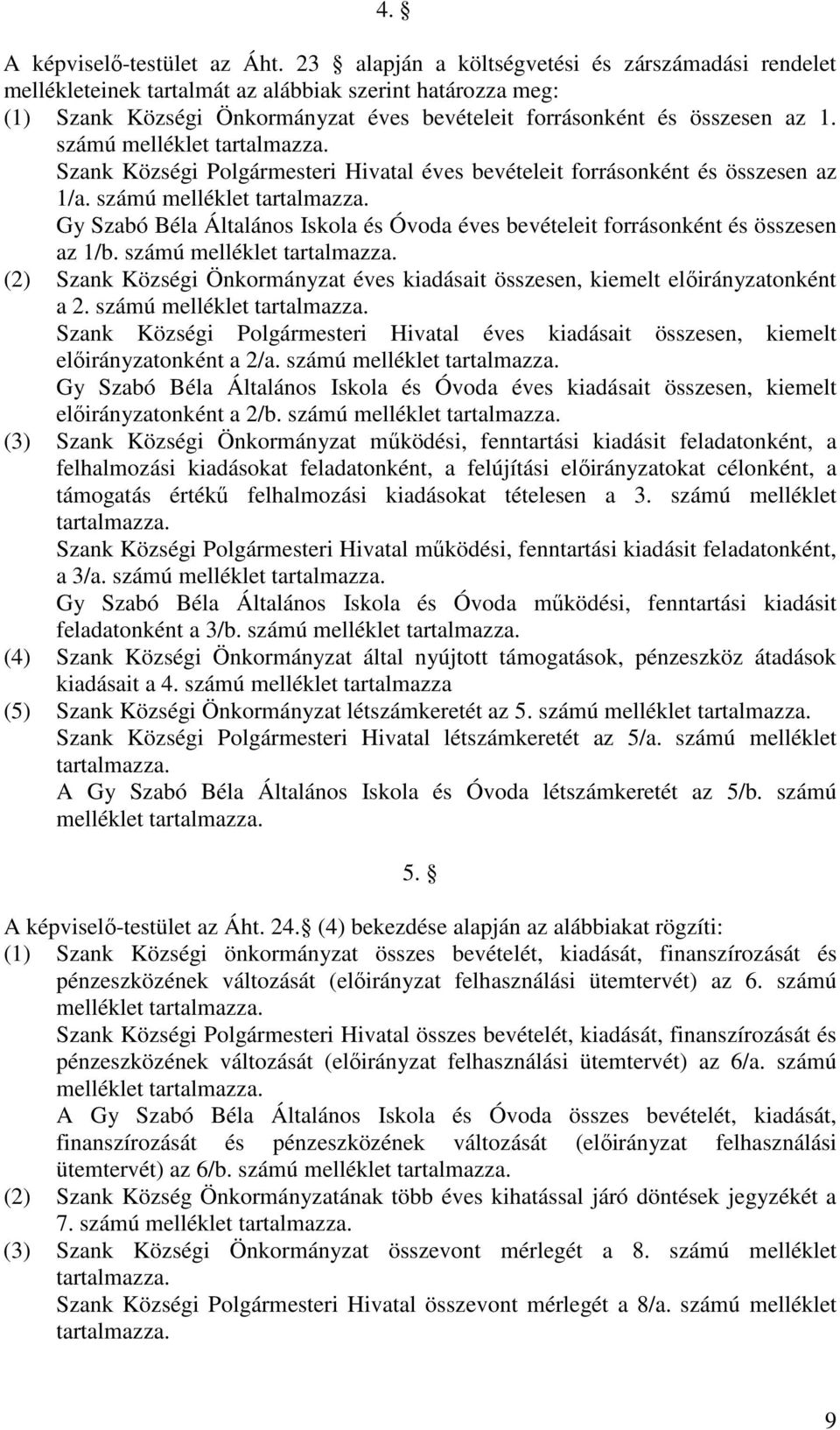 számú melléklet tartalmazza. Szank Községi Polgármesteri Hivatal éves bevételeit forrásonként és összesen az 1/a. számú melléklet tartalmazza.