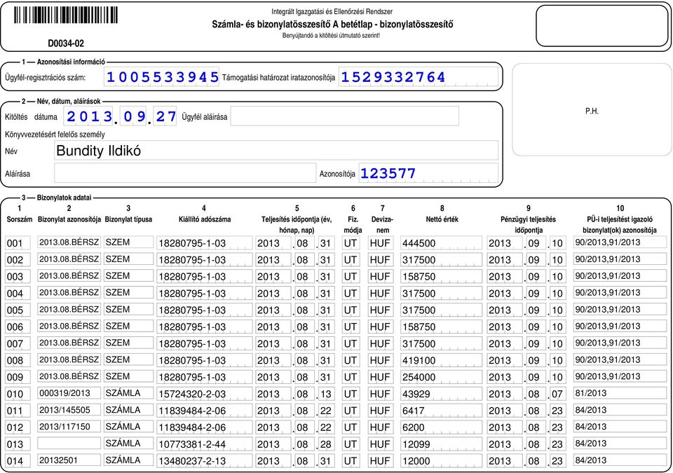 3 4 5 6 7 8 9 10 Sszám Bizonylat azonosítója Bizonylat típusa Kiállító adószáma Teljesítés időpontja (év, hónap,