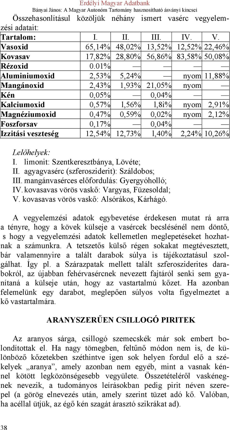 Izzitási veszteség 12,54% 12,73% l,40% 2,24% 10,26% Lelőhelyek: I. limonit: Szentkeresztbánya, Lövéte; II. agyagvasérc (szferosziderit): Száldobos; III. mangánvasérces előfordulás: Gyergyóholló; IV.