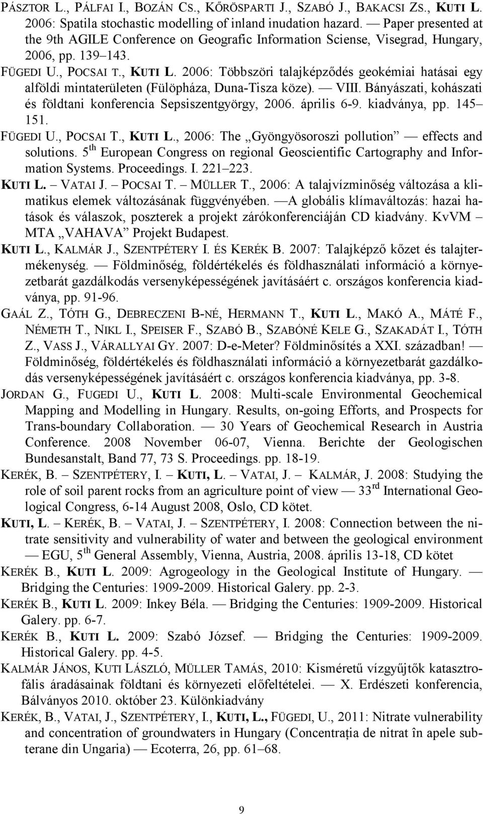 2006: Többszöri talajképzıdés geokémiai hatásai egy alföldi mintaterületen (Fülöpháza, Duna-Tisza köze). VIII. Bányászati, kohászati és földtani konferencia Sepsiszentgyörgy, 2006. április 6-9.