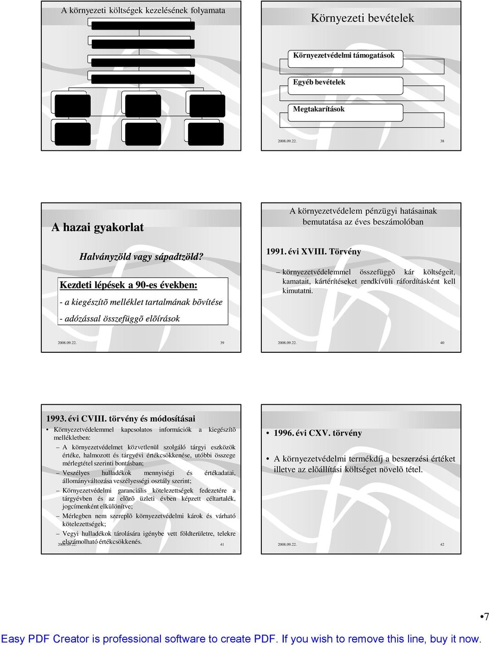 Kezdeti lépések a 90-es években: - a kiegészítõ melléklet tartalmának bõvítése - adózással összefüggõ elõírások A környezetvédelem pénzügyi hatásainak bemutatása az éves beszámolóban 1991. évi XVIII.