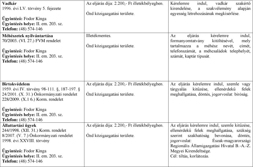 , formanyomtatvány kitöltésével, mely tartalmazza a méhész nevét, címét, telefonszámát, a méhcsaládok telephelyét, számát, kaptár típusát. Birtokvédelem 1959. évi IV. törvény 98-111., 187-197.