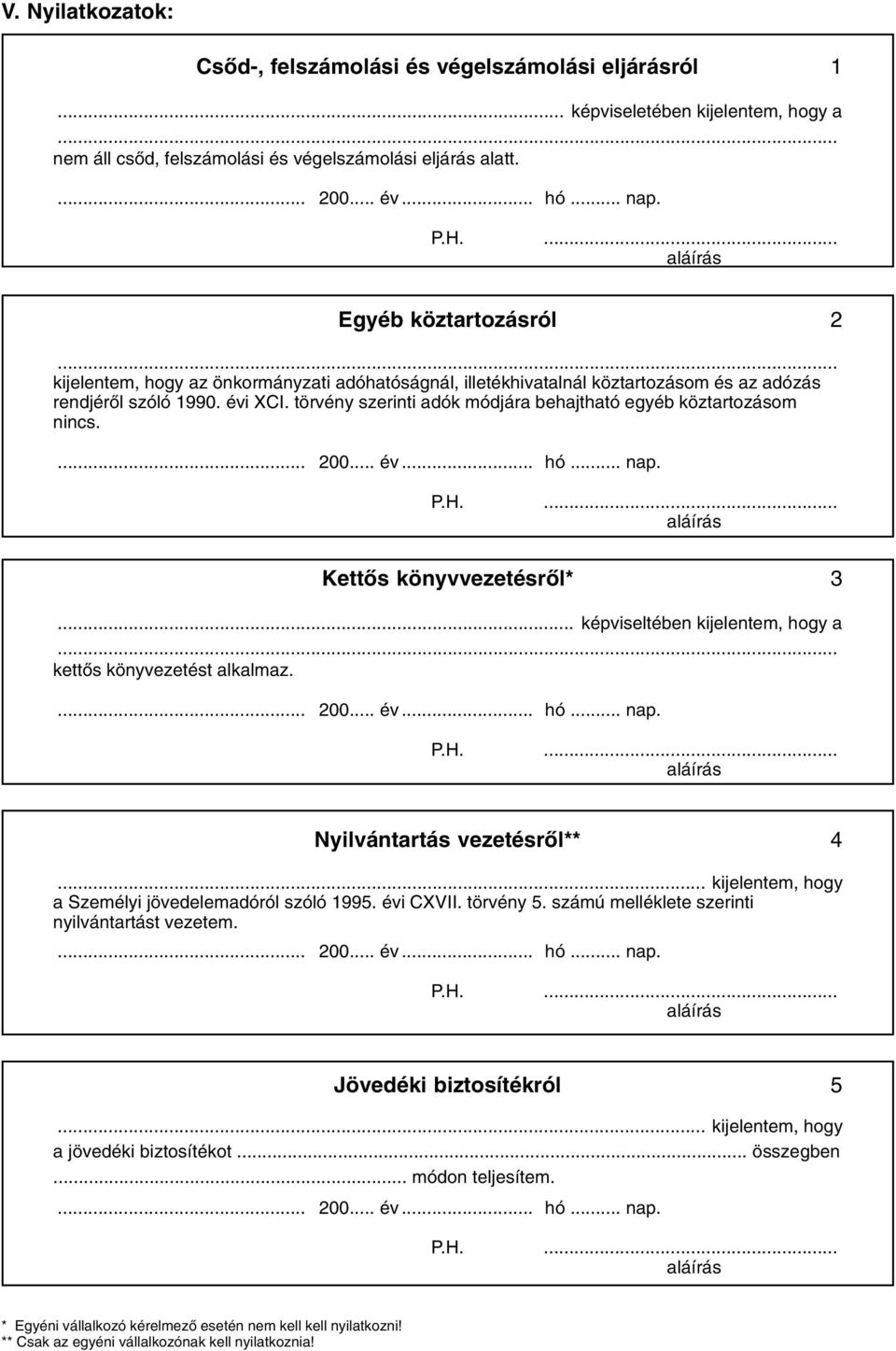 törvény szerinti adók módjára behajtható egyéb köztartozásom nincs.... 200... év... hó... nap. P.H.... Kettõs könyvvezetésrõl* 3... képviseltében kijelentem, hogy a... kettõs könyvezetést alkalmaz.