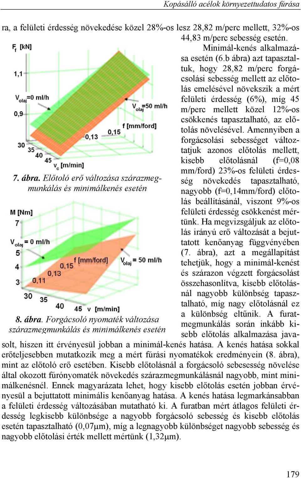 előtolás növelésével. Amennyiben a forgásolási sebességet változtatjuk azonos előtolás mellett, kisebb előtolásnál (f=0,08 7. ábra. Előtoló erő változása szárazmegmunkálás és minimálkenés esetén 8.