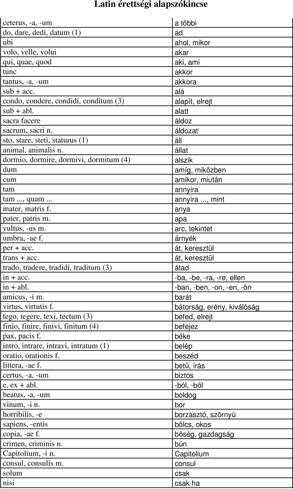 állat dormio, dormire, dormivi, dormitum (4) alszik dum amíg, miközben cum amikor, miután tam annyira tam..., quam... annyira..., mint mater, matris f. anya pater, patris m. apa vultus, -us m.