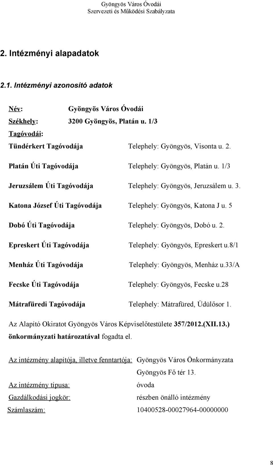 Epreskert Úti Tagóvodája Telephely: Gyöngyös, Epreskert u.8/1 Menház Úti Tagóvodája Telephely: Gyöngyös, Menház u.33/a Fecske Úti Tagóvodája Telephely: Gyöngyös, Fecske u.