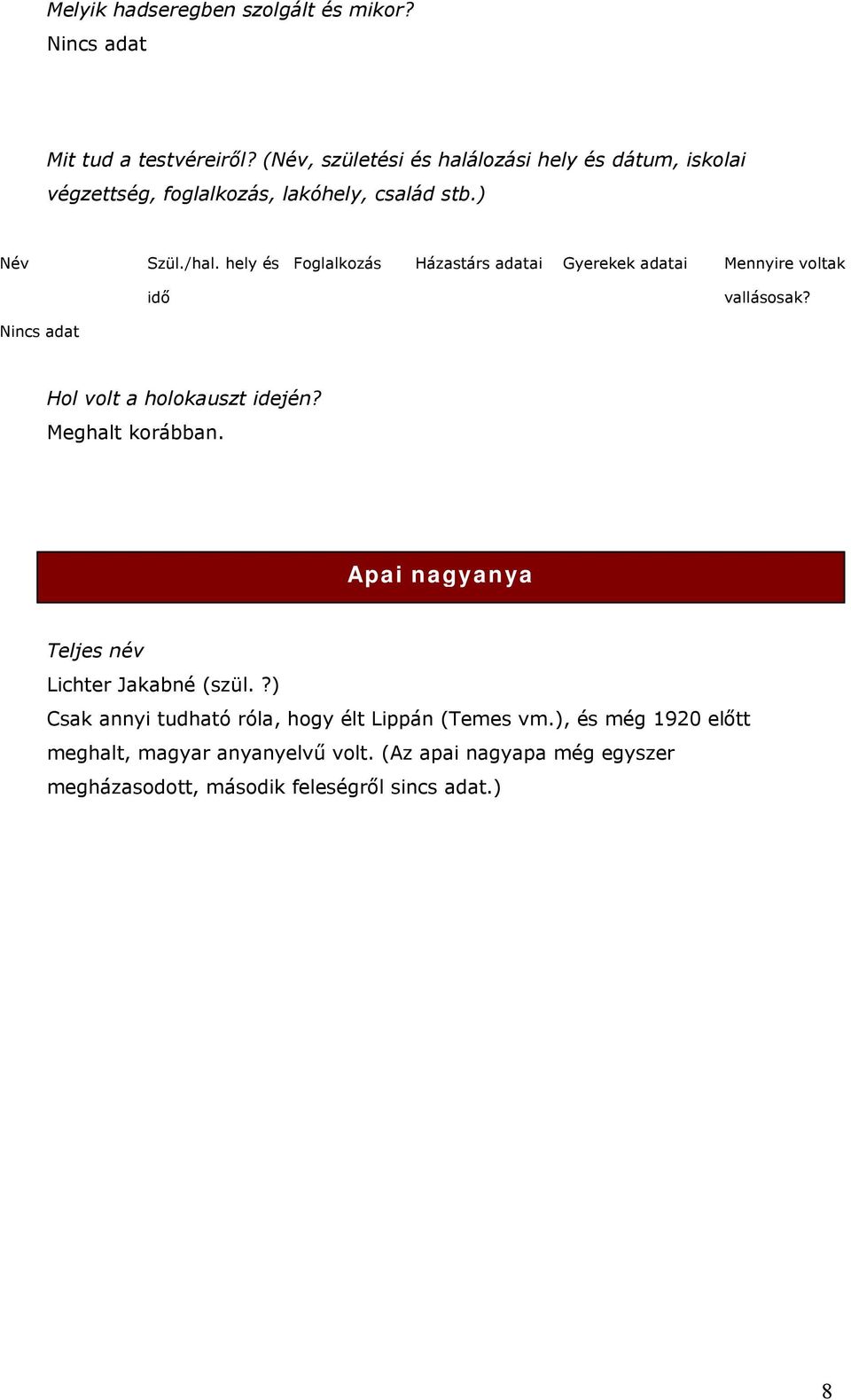 hely és idő Foglalkozás Házastárs adatai Gyerekek adatai Mennyire voltak vallásosak? Hol volt a holokauszt idején? Meghalt korábban.