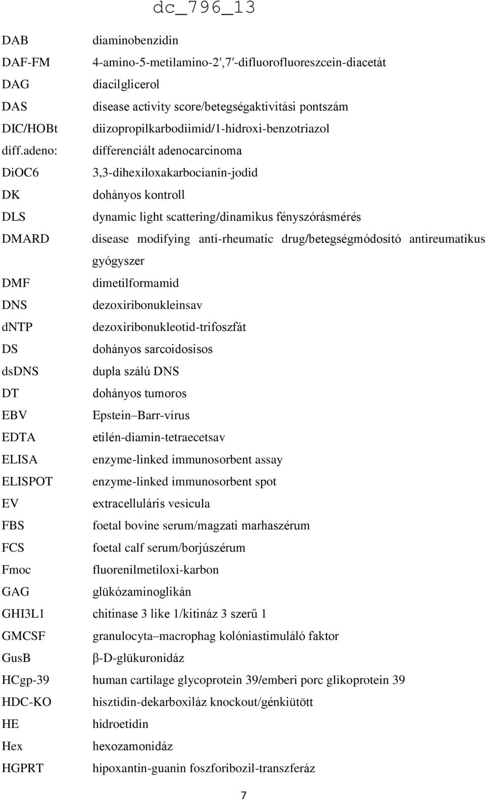 adeno: differenciált adenocarcinoma DiOC6 3,3-dihexiloxakarbocianin-jodid DK dohányos kontroll DLS dynamic light scattering/dinamikus fényszórásmérés DMARD disease modifying anti-rheumatic