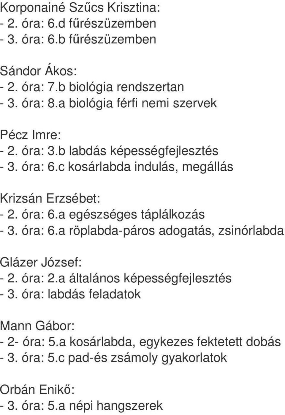 óra: 6.a egészséges táplálkozás - 3. óra: 6.a röplabda-páros adogatás, zsinórlabda Glázer József: - 2. óra: 2.a általános képességfejlesztés - 3.