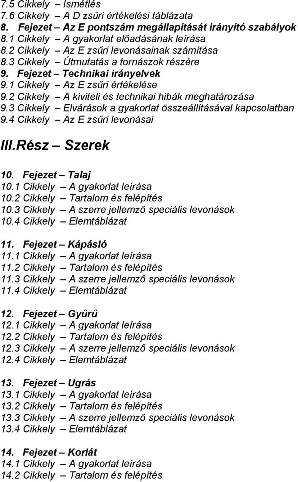 2 Cikkely A kiviteli és technikai hibák meghatározása 9.3 Cikkely Elvárások a gyakorlat összeállításával kapcsolatban 9.4 Cikkely Az E zsűri levonásai III.Rész Szerek 10. Fejezet Talaj 10.