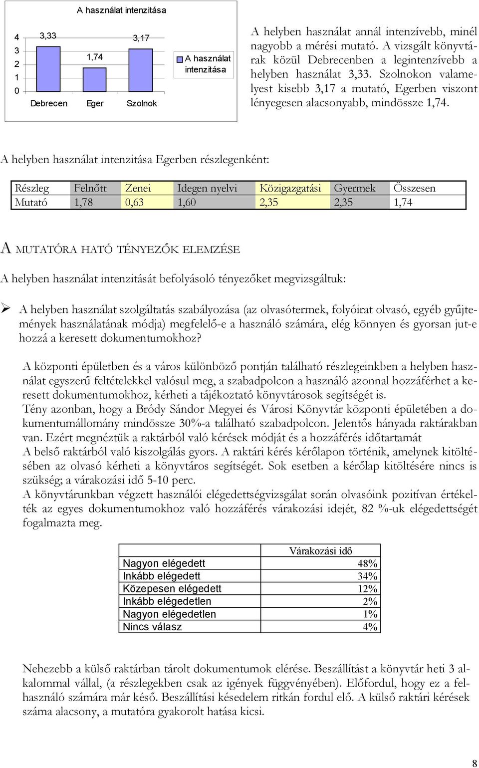 A helyben használat intenzitása Egerben részlegenként: Részleg Felnőtt Zenei Idegen nyelvi Közigazgatási Gyermek Összesen Mutató 1,78,63 1,6 2,35 2,35 1,74 A MUTATÓRA HATÓ TÉNYEZŐK ELEMZÉSE A helyben