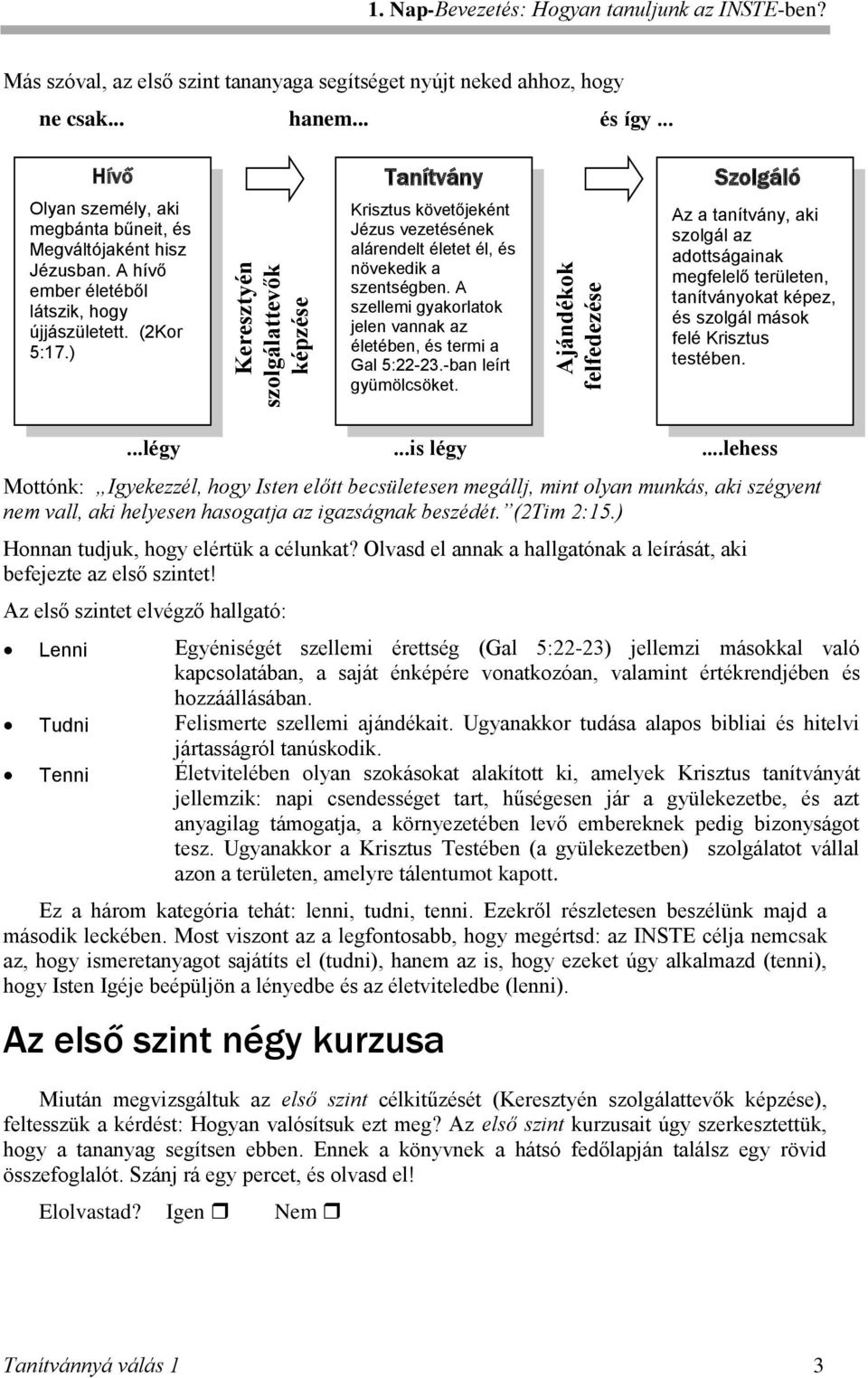 ) Keresztyén szolgálattevők képzése Tanítvány Krisztus követőjeként Jézus vezetésének alárendelt életet él, és növekedik a szentségben.