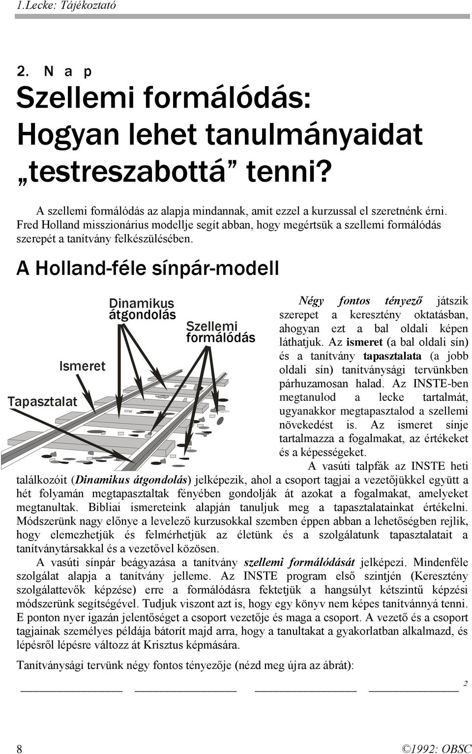 A Holland-féle sínpár-modell Tapasztalat Ismeret Dinamikus átgondolás Szellemi formálódás Négy fontos tényező játszik szerepet a keresztény oktatásban, ahogyan ezt a bal oldali képen láthatjuk.