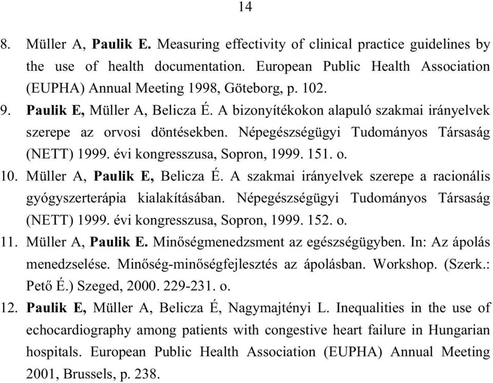 Müller A, Paulik E, Belicza É. A szakmai irányelvek szerepe a racionális gyógyszerterápia kialakításában. Népegészségügyi Tudományos Társaság (NETT) 1999. évi kongresszusa, Sopron, 1999. 152. o. 11.