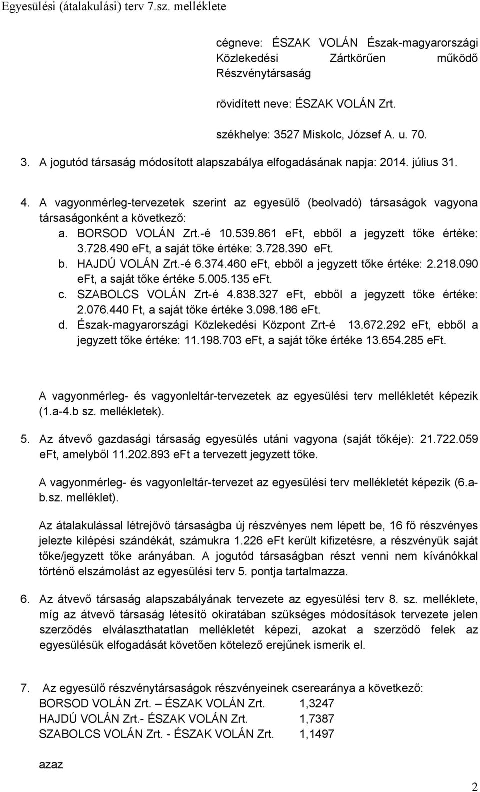 A vagyonmérleg-tervezetek szerint az egyesülő (beolvadó) társaságok vagyona társaságonként a következő: a. BORSOD VOLÁN Zrt.-é 10.539.861 eft, ebből a jegyzett tőke értéke: 3.728.