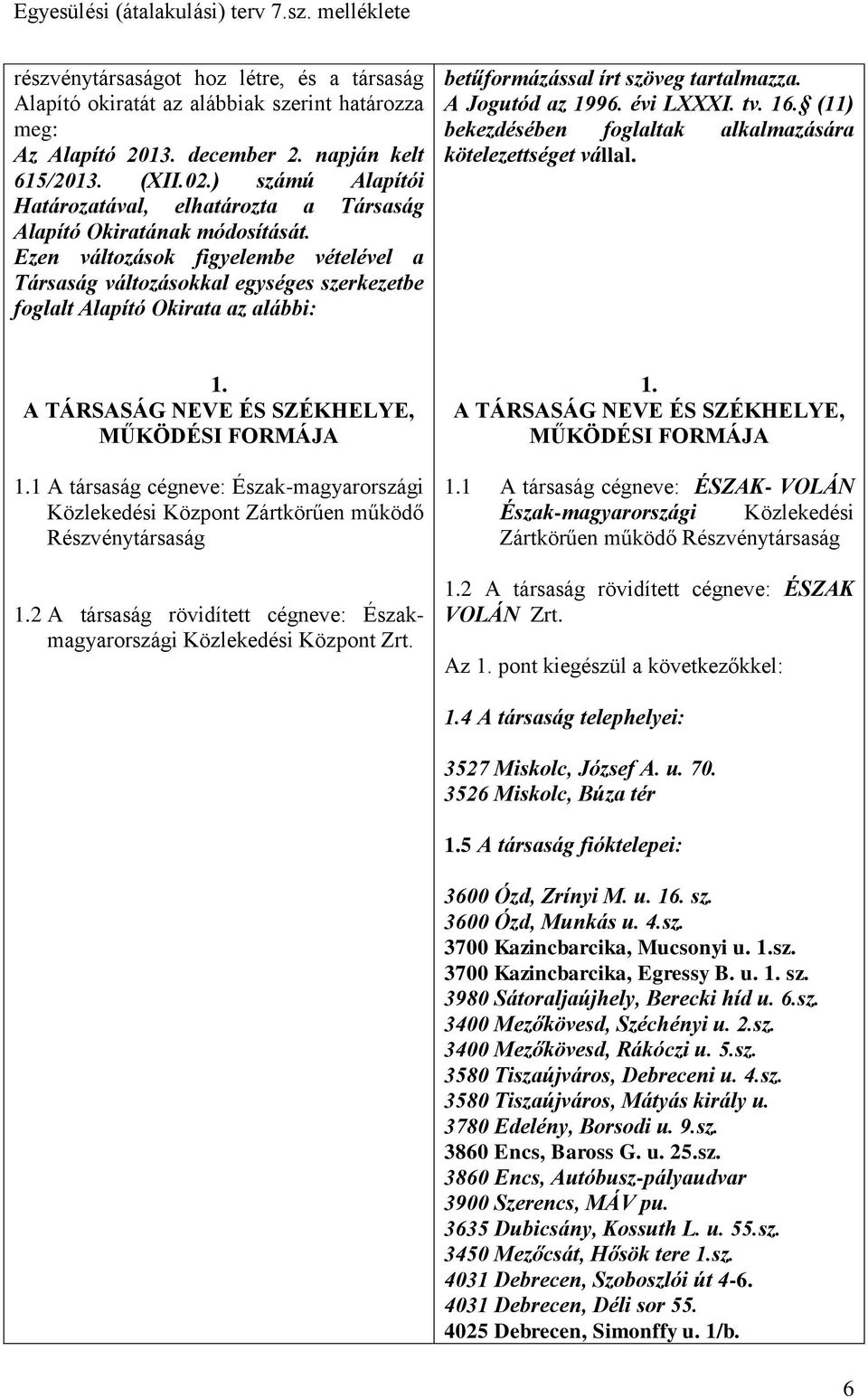 Ezen változások figyelembe vételével a Társaság változásokkal egységes szerkezetbe foglalt Alapító Okirata az alábbi: betűformázással írt szöveg tartalmazza. A Jogutód az 1996. évi LXXXI. tv. 16.