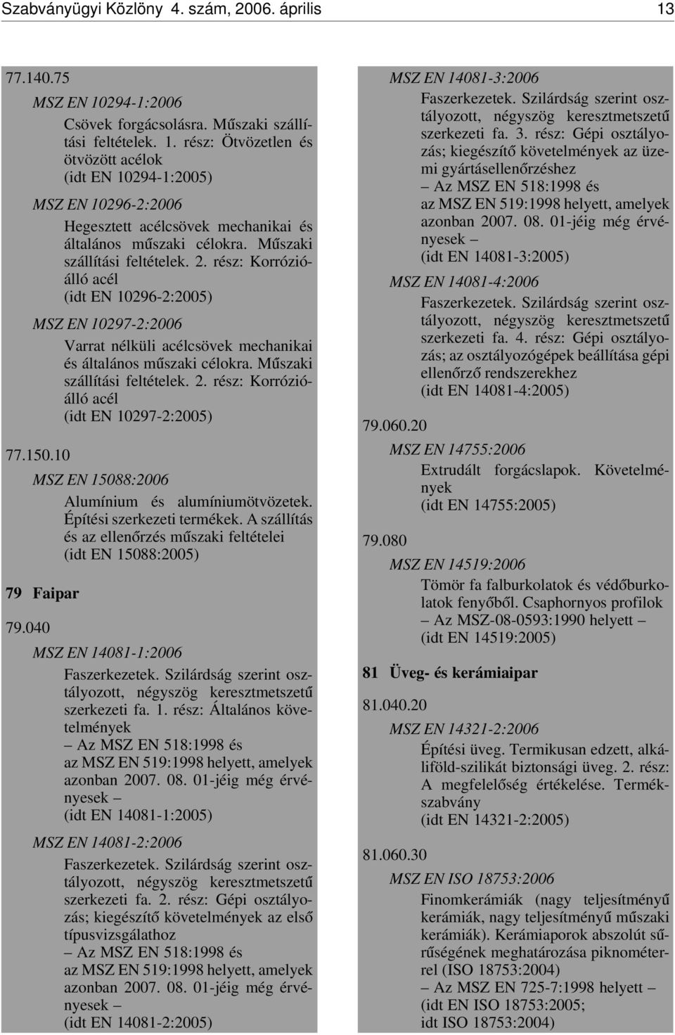 2. rész: Korrózióálló acél (idt EN 10297-2:2005) 77.150.10 MSZ EN 15088:2006 Alumínium és alumíniumötvözetek. Építési szerkezeti termékek.