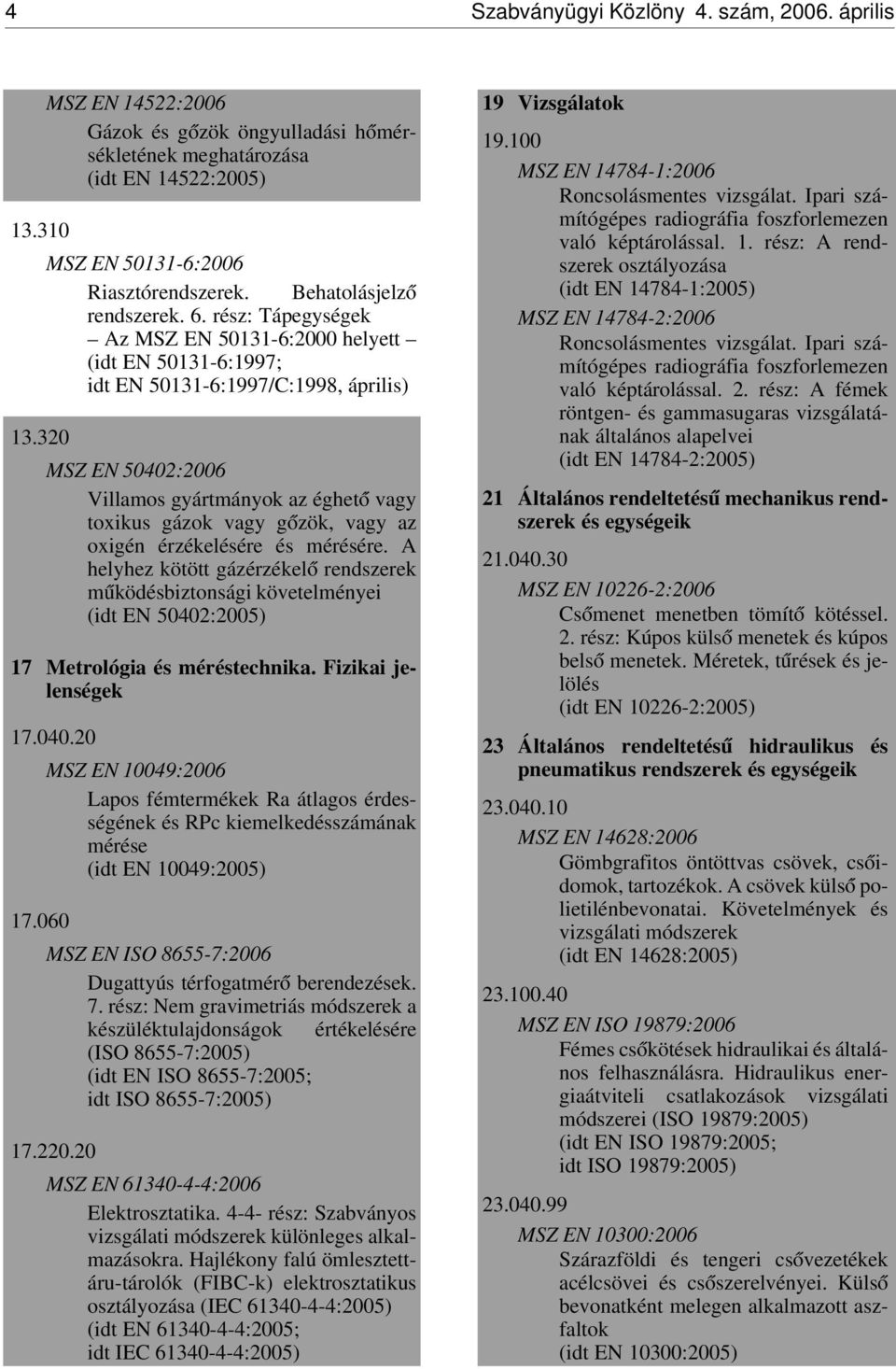 320 MSZ EN 50402:2006 Villamos gyártmányok az éghet ó vagy toxikus gázok vagy g ózök, vagy az oxigén érzékelésére és mérésére.