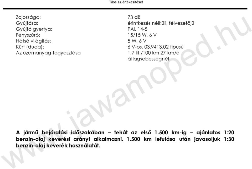 02 típusú 1,7 lit./100 km 27 km/ó átlagsebességnél A jármű bejáratási időszakában tehát az első 1.