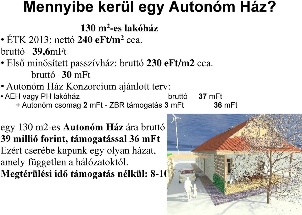 bruttó 30 mft Autonóm Ház Konzorcium ajánlott terv: AEH vagy PH lakóház bruttó 37 mft + Autonóm csomag 2 mft - ZBR