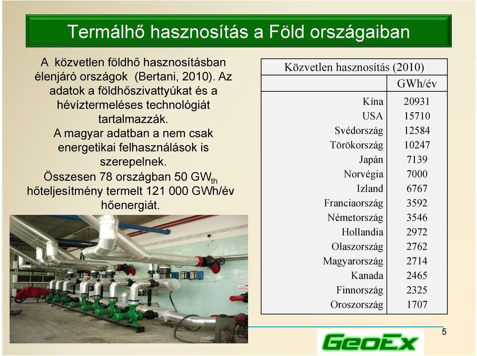 Összesen 78 országban 50 GW th hőteljesítmény termelt 121 000 GWh/év hőenergiát.