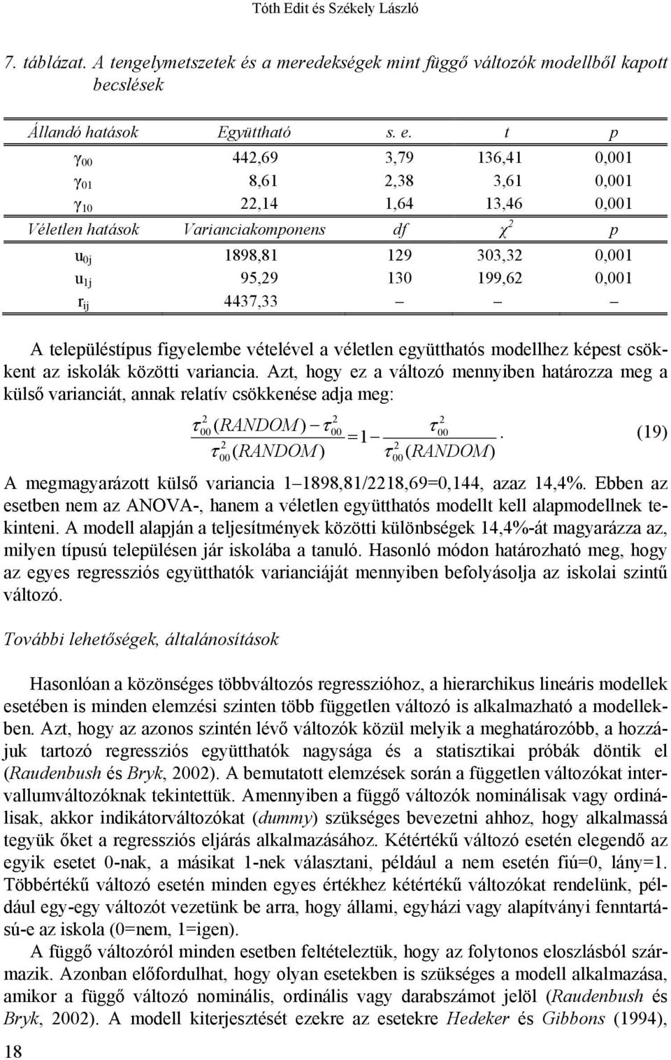 településtípus figyelembe vételével a véletlen együtthatós modellhez képest csökkent az iskolák közötti variancia.