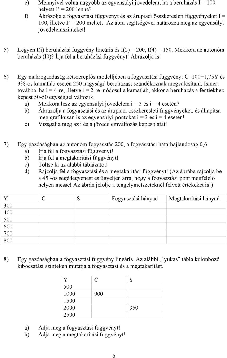 5) Legyen I(i) beruházási függvény lineáris és I(2) = 200, I(4) = 150. Mekkora az autonóm beruházás (I0)? Írja fel a beruházási függvényt! Ábrázolja is!