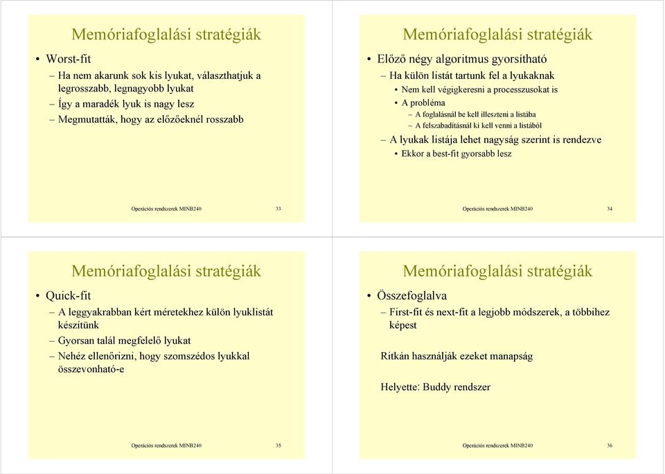 felszabadításnál ki kell venni a listából A lyukak listája lehet nagyság szerint is rendezve Ekkor a best-fit gyorsabb lesz Operációs rendszerek MINB40 33 Operációs rendszerek MINB40 34 Quick-fit