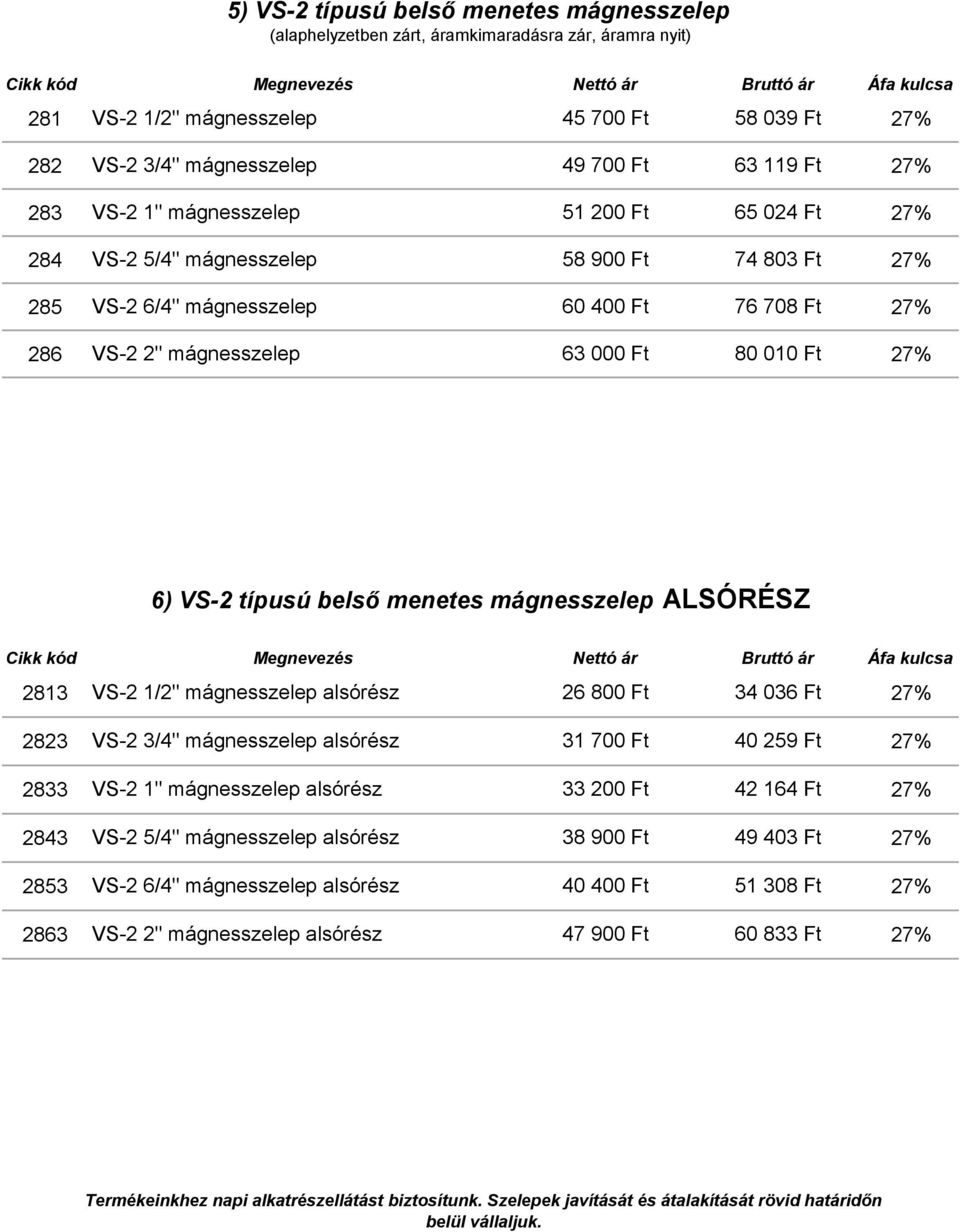 VS-2 típusú belső menetes mágnesszelep ALSÓRÉSZ 2813 VS-2 1/2" mágnesszelep alsórész 26 800 Ft 34 036 Ft 2823 VS-2 3/4" mágnesszelep alsórész 31 700 Ft 40 259 Ft 2833 VS-2 1" mágnesszelep