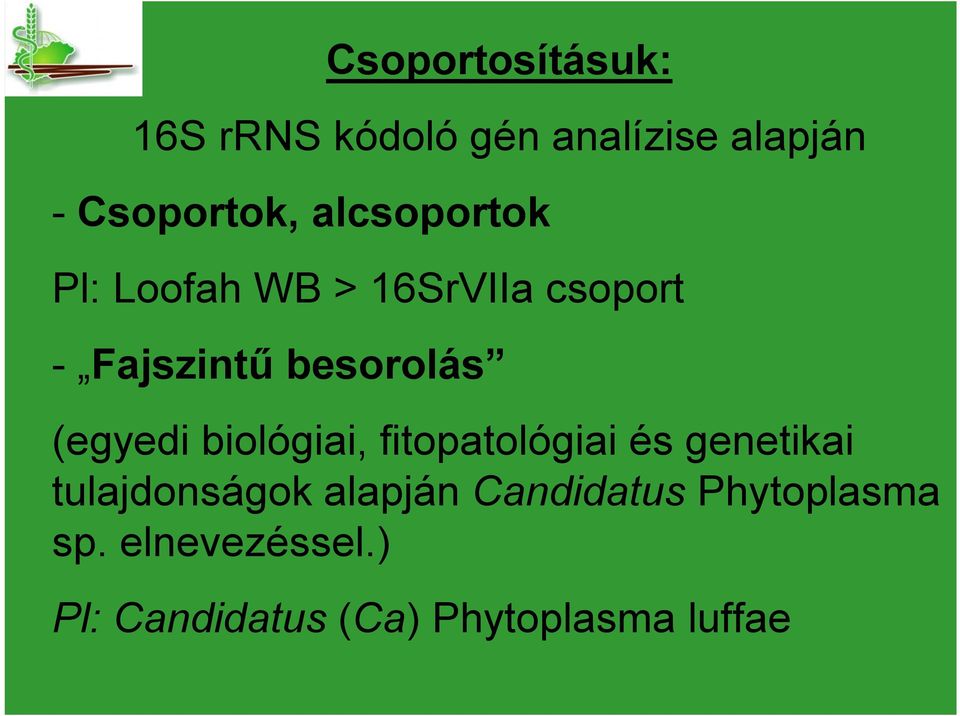 (egyedi biológiai, fitopatológiai és genetikai tulajdonságok alapján