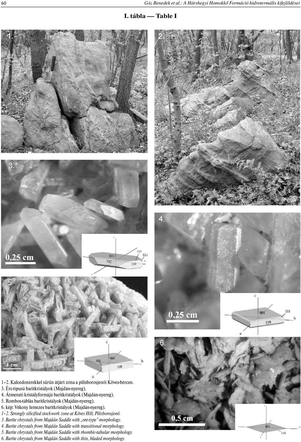 kép: Vékony lemezes baritkristályok (Majdán-nyereg). 1 2. Strongly silicified stockwork zone at Köves Hill, Pilisborosjenő. 3.