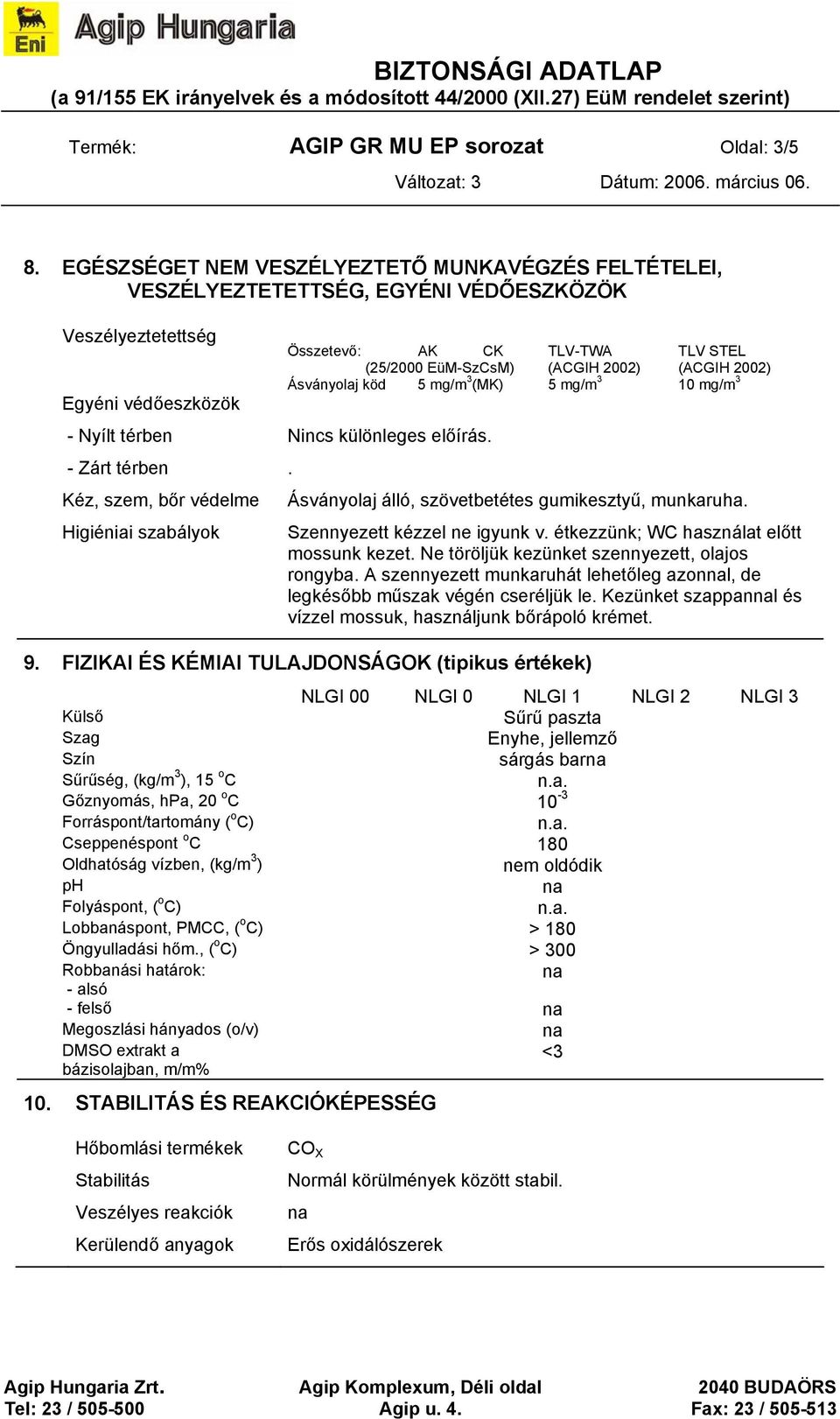 Kéz, szem, bőr védelme Higiéniai szabályok Összetevő: AK CK TLV-TWA TLV STEL (25/2000 EüM-SzCsM) (ACGIH 2002) (ACGIH 2002) Ásványolaj köd 5 mg/m 3 (MK) 5 mg/m 3 10 mg/m 3 Ásványolaj álló,