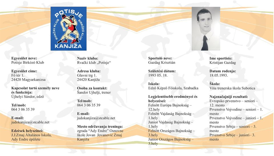 net zgrada Ady Endre Osnovne škole Jovan Jovanović Zmaj Kanjiža Születési dátum: 1993 05. 18. Edző Képző Főiskola, Szabadka Legjelentősebb eredményei és helyezései: Felnőtt Európa Bajnokság 12.