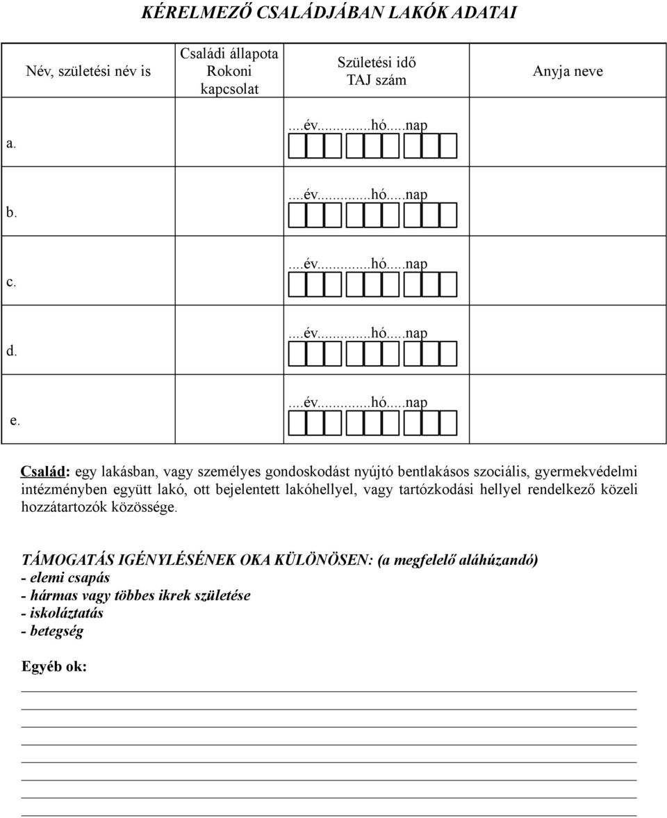 Család: egy lakásban, vagy személyes gondoskodást nyújtó bentlakásos szociális, gyermekvédelmi intézményben együtt lakó, ott