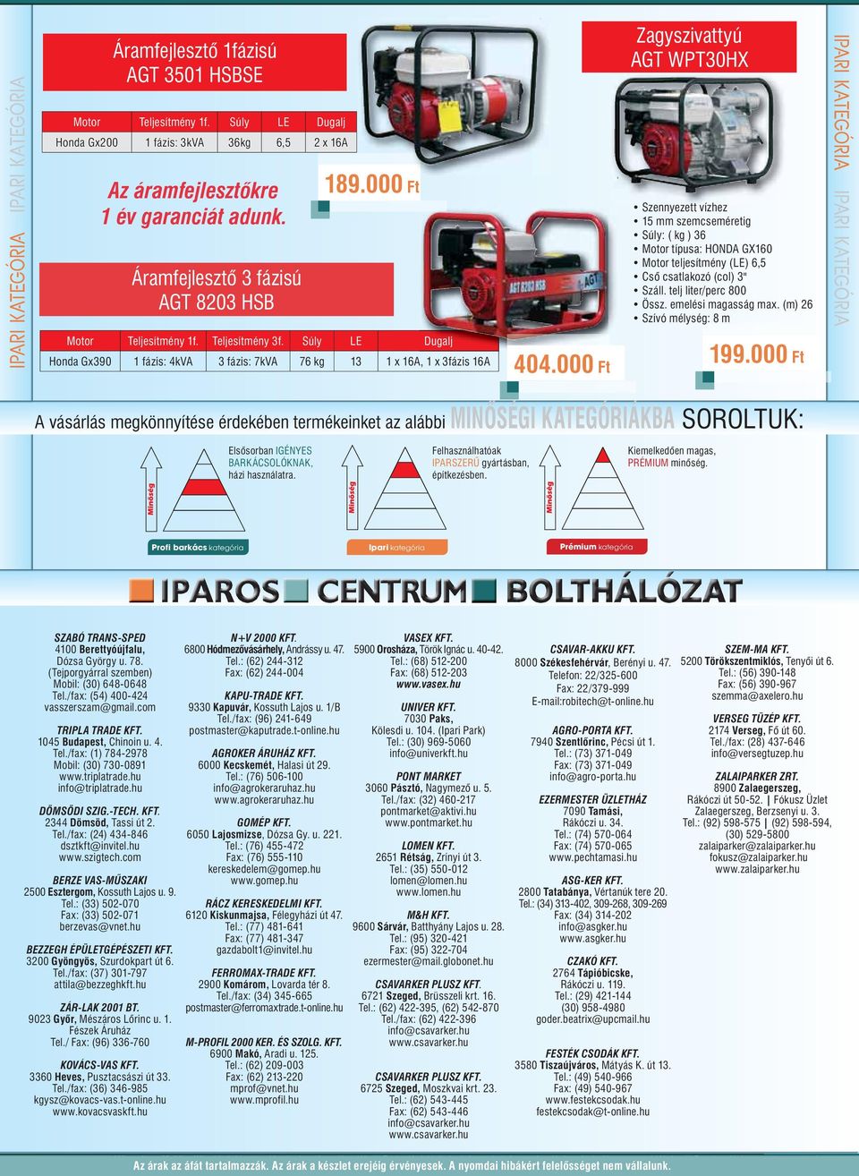 Súly LE Dugalj Honda Gx390 1 fázis: 4kVA 3 fázis: 7kVA 76 kg 13 1 x 16A, 1 x 3fázis 16A Zagyszivattyú AGT WPT30HX Szennyezett e vízhez 15 mm szemcseméretig Súly: ( kg ) 36 Motor típusa: HONDA GX160