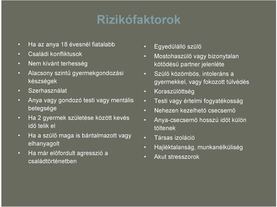 családtörténetben Egyedülálló szülő Mostohaszülő vagy bizonytalan kötődésű partner jelenléte Szülő közömbös, intoleráns a gyermekkel, vagy fokozott túlvédés