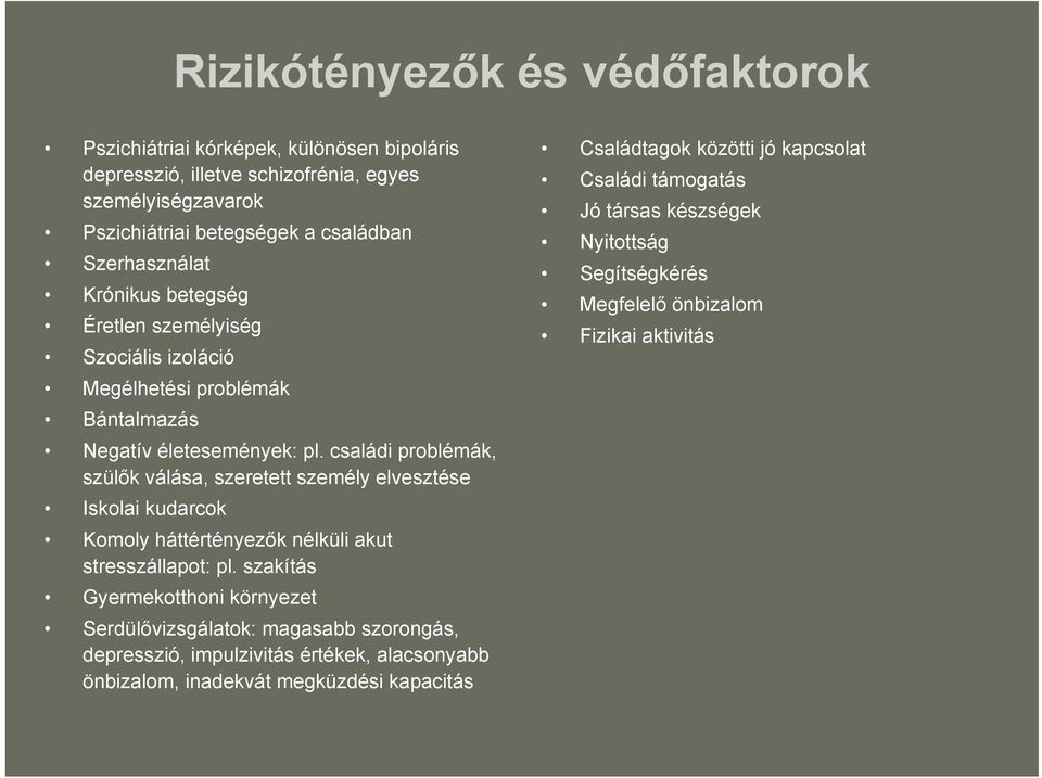 családi problémák, szülők válása, szeretett személy elvesztése Iskolai kudarcok Komoly háttértényezők nélküli akut stresszállapot: pl.