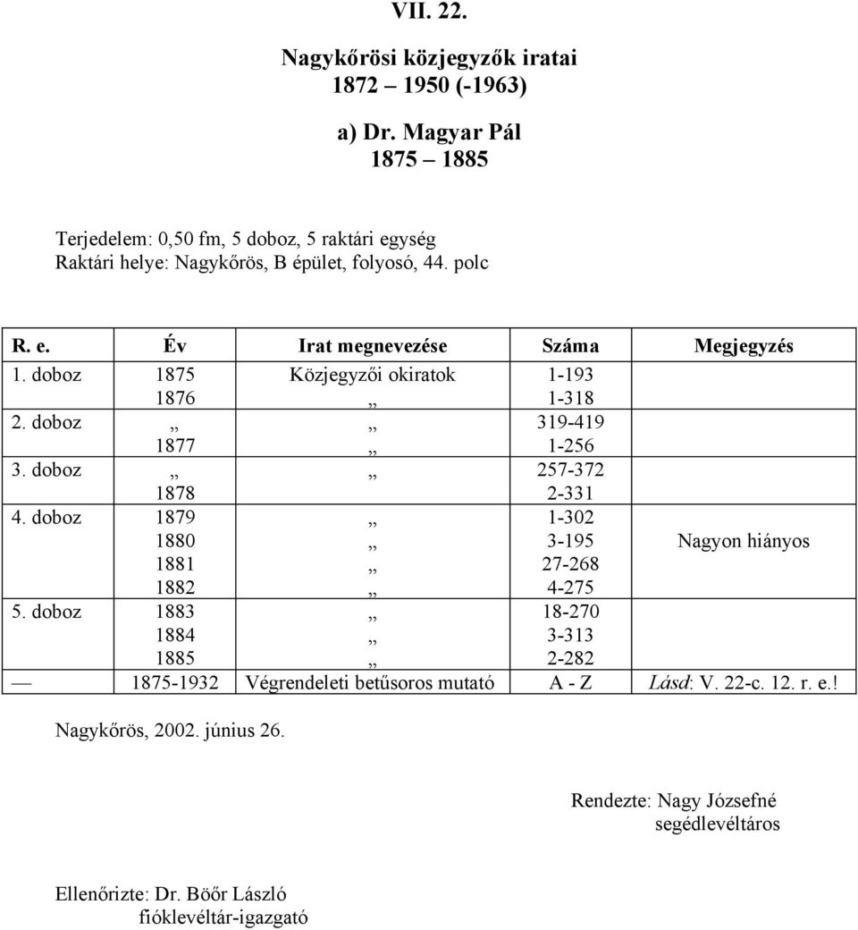 doboz 1875 1876 Közjegyzői okiratok 1-193 1-318 2. doboz 1877 319-419 1-256 3. doboz 1878 257-372 2-331 4.