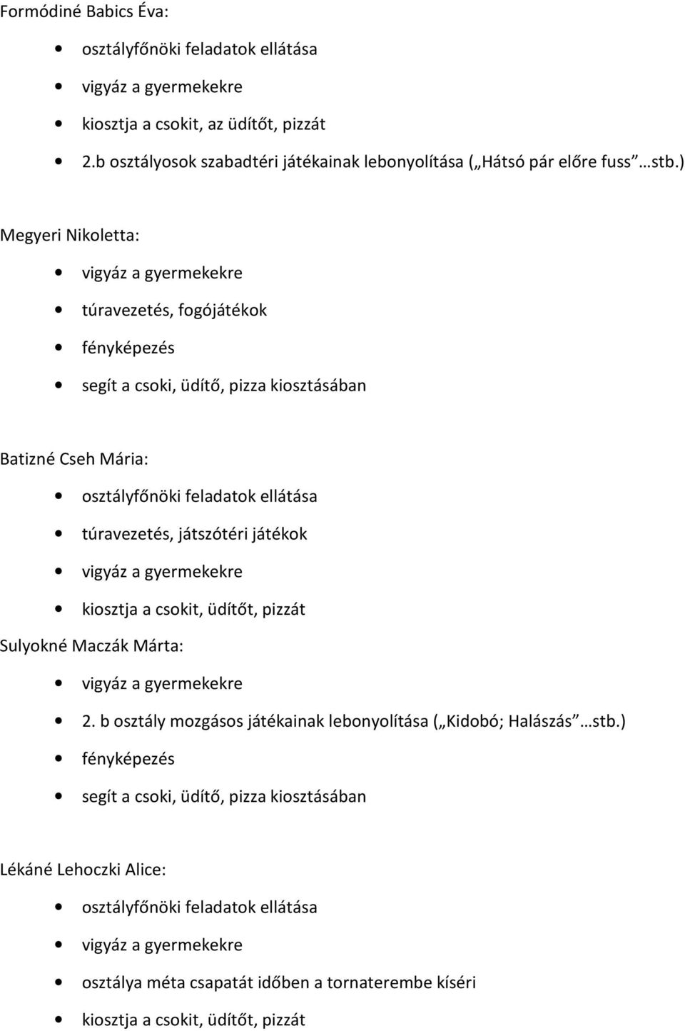 ) Megyeri Nikoletta: túravezetés, fogójátékok fényképezés segít a csoki, üdítő, pizza kiosztásában Batizné Cseh Mária: osztályfőnöki feladatok ellátása túravezetés,