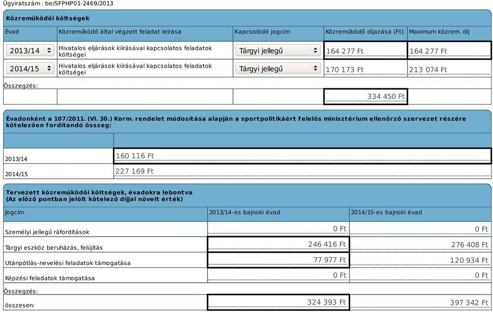 170 173 Ft 213 074 Ft 334 450 Ft Évadonként a 107/2011. (VI. 30.) Korm.