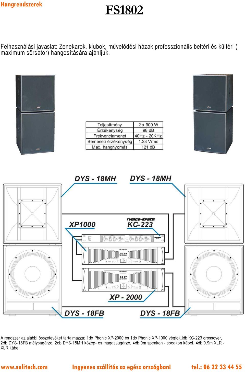 A rendszer az alábbi összetevőket tartalmazza: 1db Phonic XP-2000 és 1db Phonic XP-1000