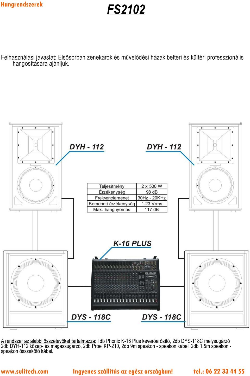 A rendszer az alábbi összetevőket tartalmazza: l db Phonic K-16 Plus keverőerősítő, 2db