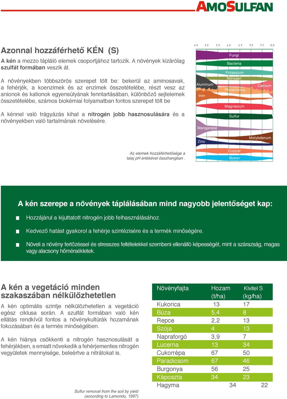 sejtelemek összetételébe, számos biokémiai folyamatban fontos szerepet tölt be A kénnel való trágyázás kihat a nitrogén jobb hasznosulására és a növényekben való tartalmának növelésére.