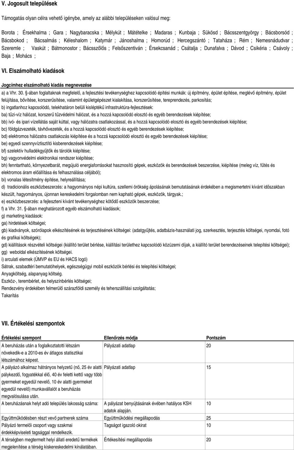 Felsőszentiván ; Érsekcsanád ; Csátalja ; Dunafalva ; Dávod ; Csikéria ; Csávoly ; Baja ; Mohács ; VI. Elszámolható kiadások Jogcímhez elszámolható kiadás megnevezése a) a Vhr. 30.