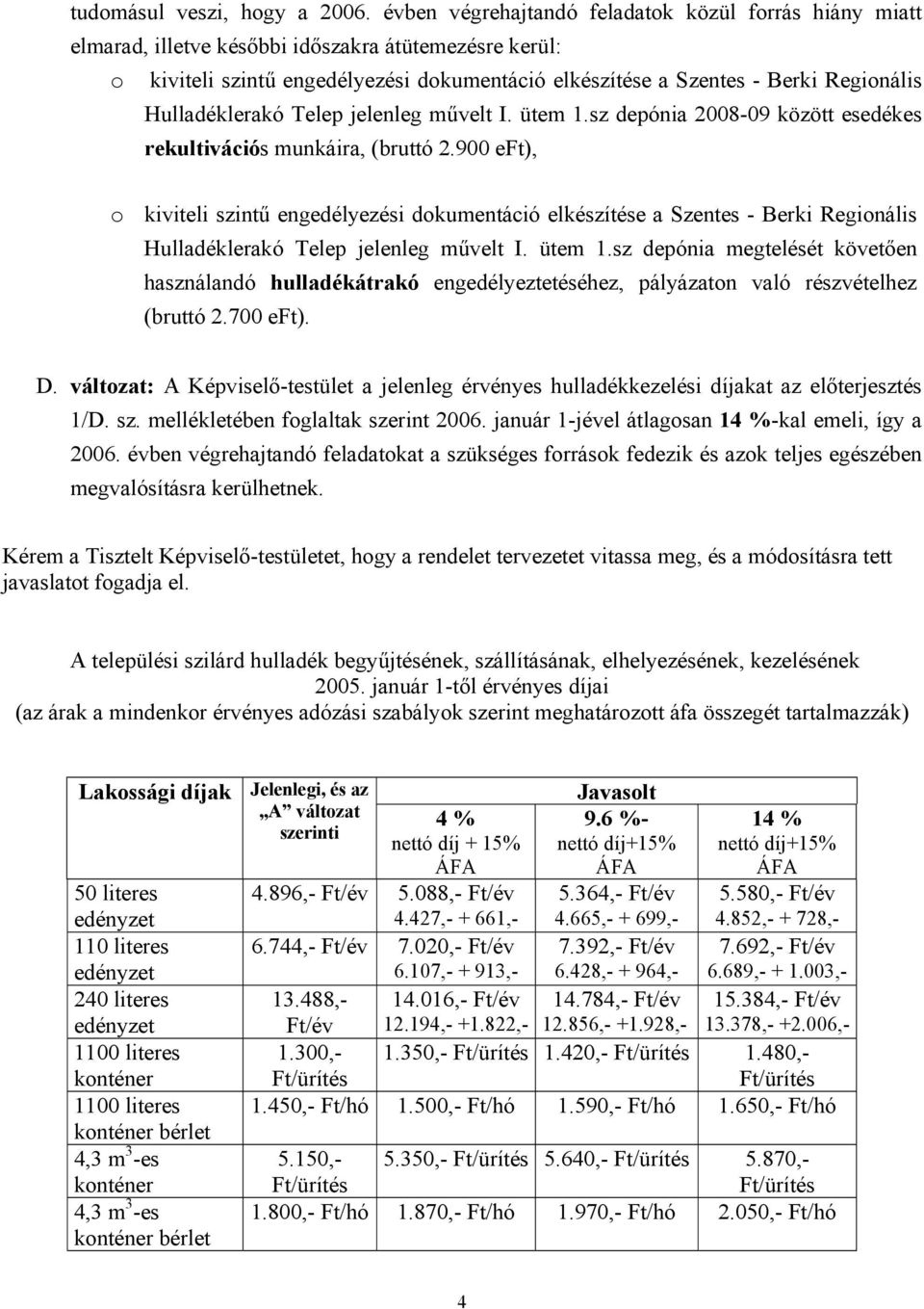 sz depónia megtelését követően használandó hulladékátrakó engedélyeztetéséhez, pályázaton való részvételhez (bruttó 2.700 eft). D.