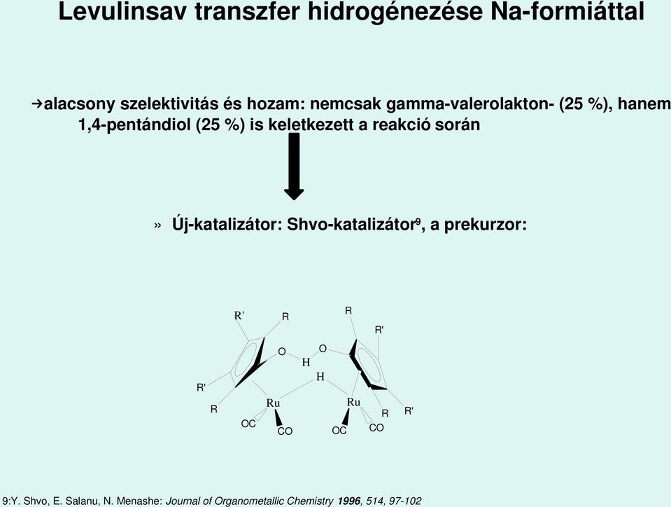 reakció során» Új katalizátor: Shvo katalizátor 9, a prekurzor: R' R R R' R' R C Ru C