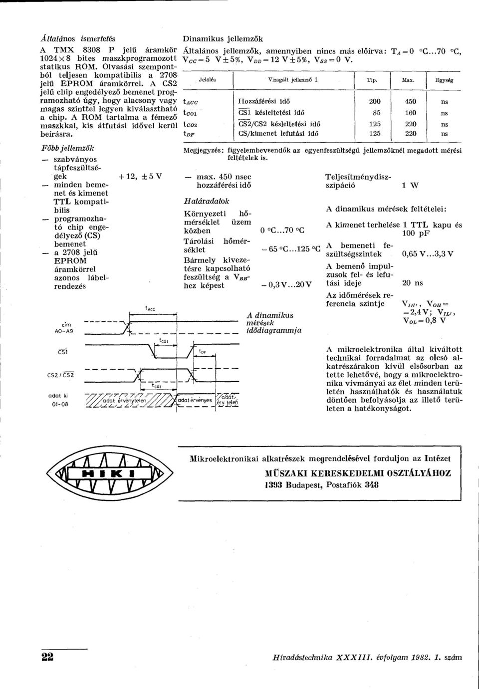 A ROM tartalma a fémező maszkkal, kis átfutási idővel kerül beírásra. cím A0-A9 C51 CS2/CS2 adat ki 01-08 + 12, ±5 V X X rvenytelery^///yy adat ervenyes Jelölés Vizsgált jellemző 1 Tip. Max.