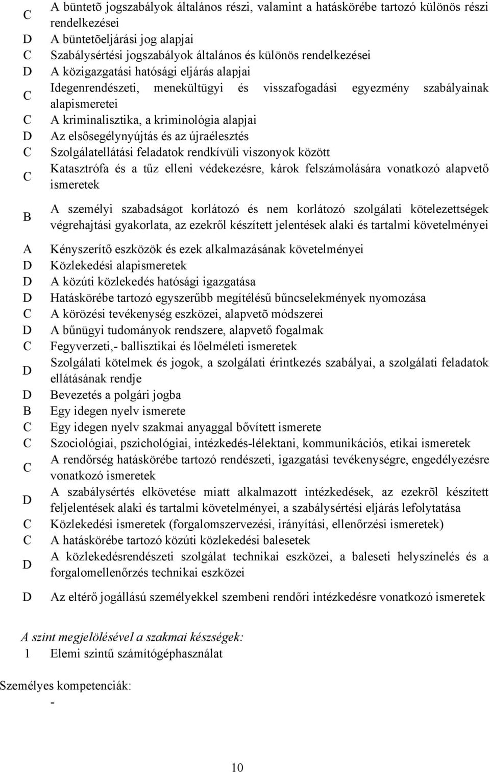 újraélesztés Szolgálatellátási feladatok rendkívüli viszonyok között Katasztrófa és a tűz elleni védekezésre, károk felszámolására vonatkozó alapvető ismeretek A személyi szabadságot korlátozó és nem