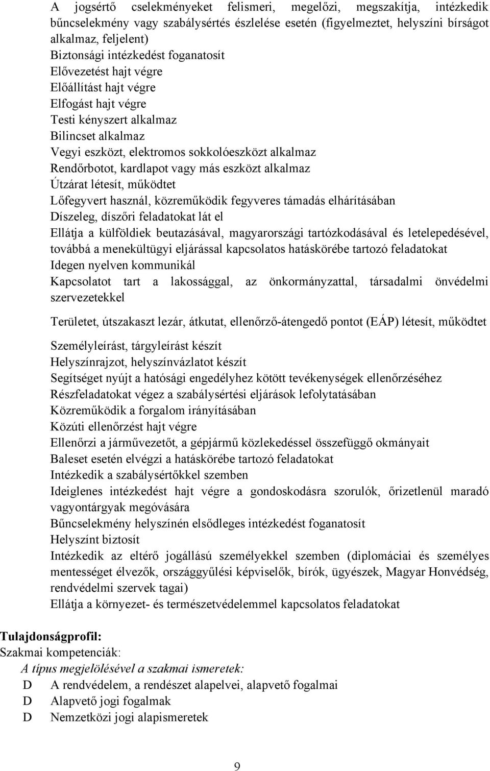 más eszközt alkalmaz Útzárat létesít, működtet Lőfegyvert használ, közreműködik fegyveres támadás elhárításában íszeleg, díszőri feladatokat lát el Ellátja a külföldiek beutazásával, magyarországi